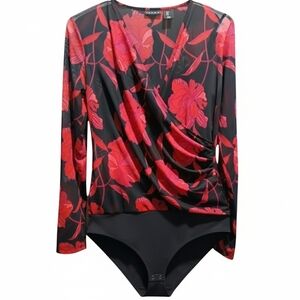 Tahari Floral Mesh Faux-Wrap Long Sleeve Bodysuit